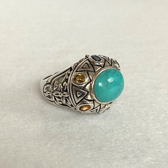 Sterling Silver 925 Thailand Turquoise Multi Gemstone Dome Statement Ring 7.75 - Picture 6 of 16